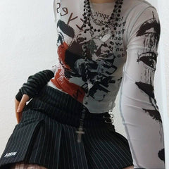 round Neck Pullover Long Sleeve Mesh Printed Cropped Exposed Casual Top