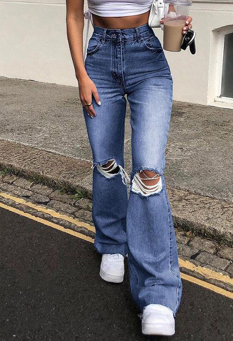 Pantalon en jean taille haute rétro extensible, slim, déchiré au genou, à pattes d'éléphant