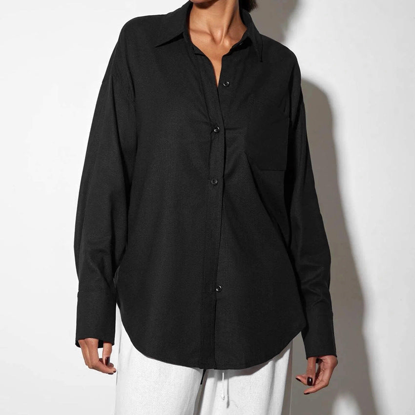 Blue Cotton Linen Collared Long Sleeve Wide Leg Trousers Loose Outfit