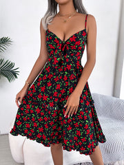 Casual Floral Bow Ruffle Sleeveless Dress
