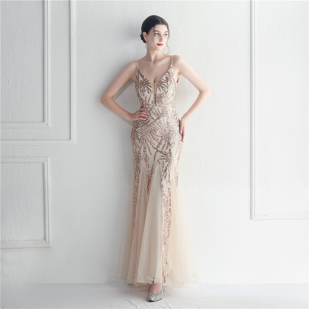 Mesh Beads Sequined Dress Long Evening Dress Star Event Exhibition Stage