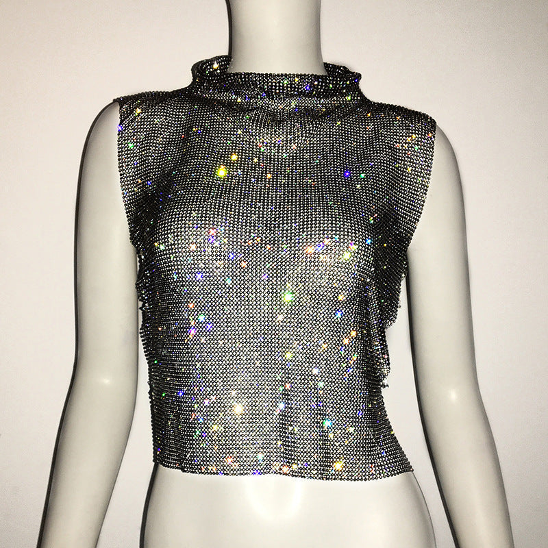 Women's Full Diamond Vest Luxury Turtleneck Rhinestone Top Nightclub Vest