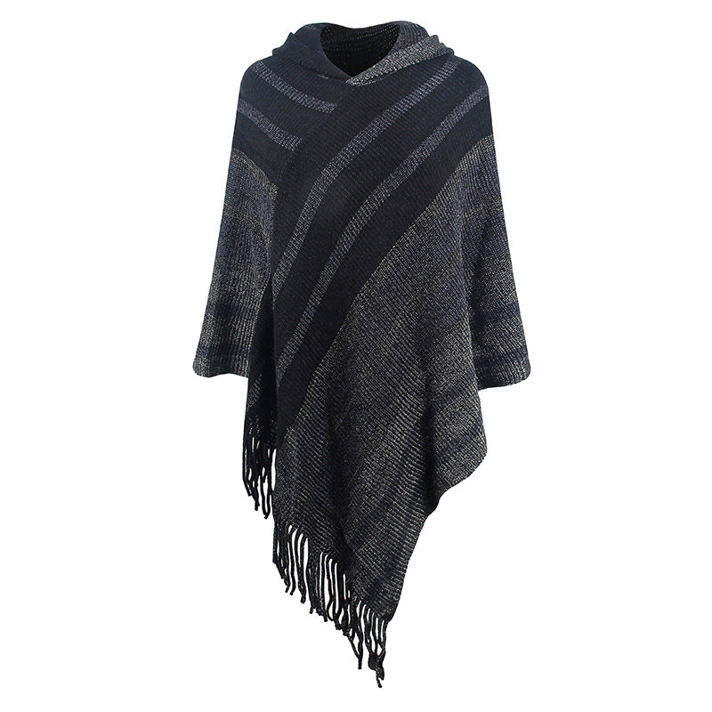 Knitted Tassel Shawl Cape Striped Hooded Scarf
