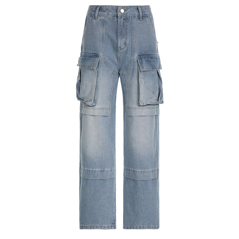 High Waist Zipper Split Stitching Multi Pocket Straight Loose Streetable Denim Trousers
