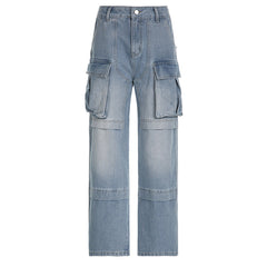 High Waist Zipper Split Stitching Multi Pocket Straight Loose Streetable Denim Trousers