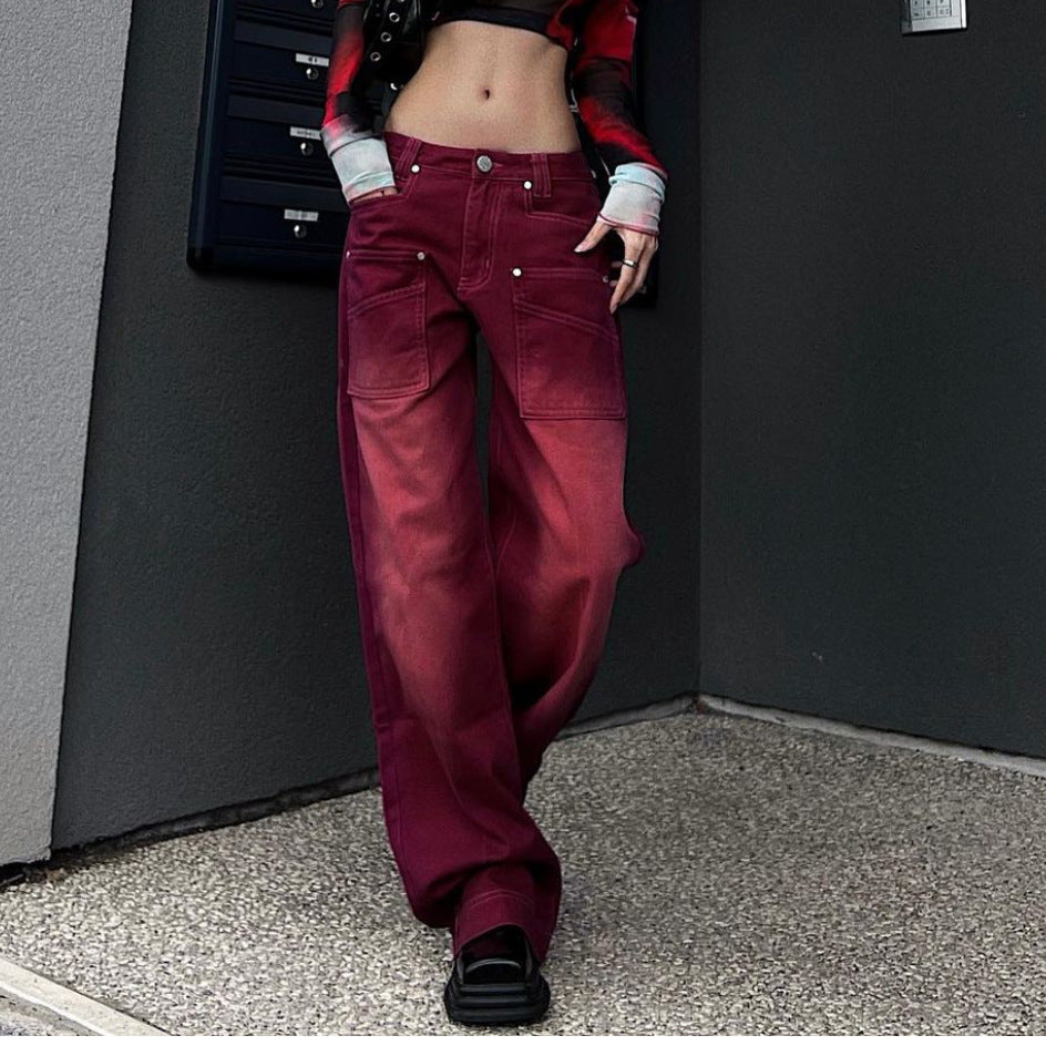 Retro Red Washed Straight Jeans High Waist Loose Wide Leg Pants