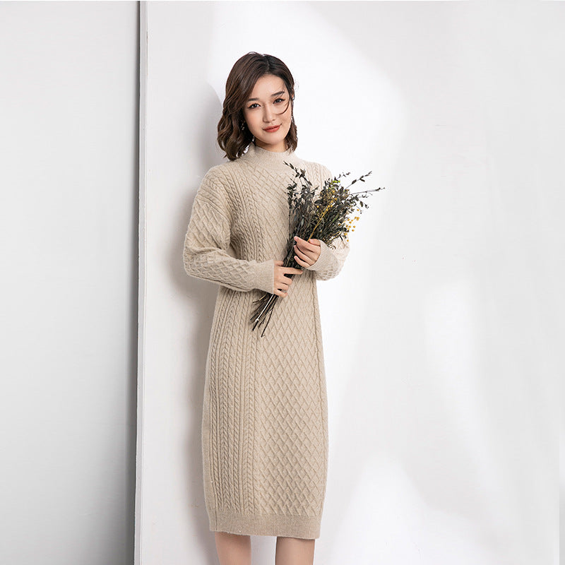 Half High Collar Sweater Knitted Dress Mid Length Loose Over Knee Thickened Base Non Slit Woolen