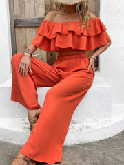 Ruffles off Shoulder Top High Waist Casual Straight Leg Long