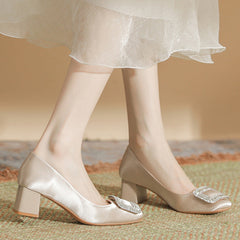 Damen Strass Schnalle Square Toe Volltonfarbe