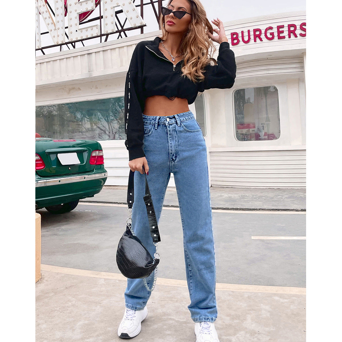 High Waist Black Denim Straight Leg Trousers Winter