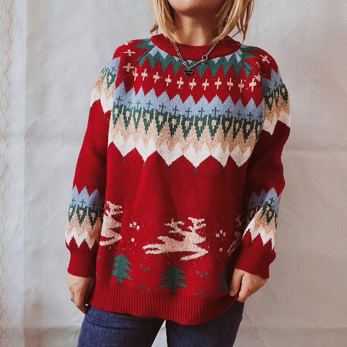 Year Christmas Sweater Thickened Raglan Sleeve Elk Christmas Tree Gold Thread Pullover