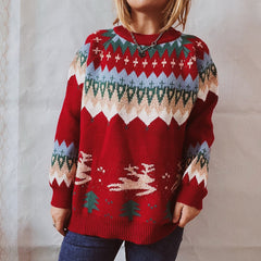 Year Christmas Sweater Thickened Raglan Sleeve Elk Christmas Tree Gold Thread Pullover