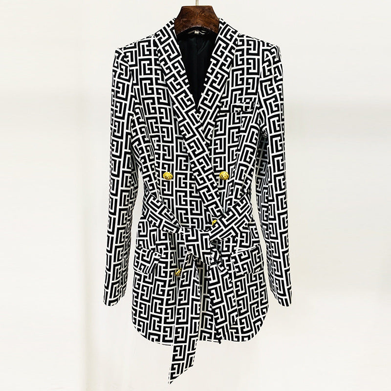 Blazer croisé mi-long à imprimé labyrinthe et ceinture vert à col fruité
