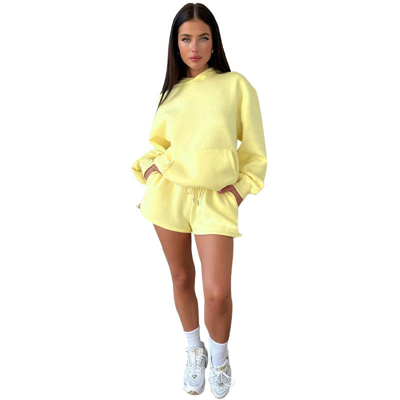 Solid Color Long-Sleeved Hooded Sweaters Two Piece Casual Shorts sets