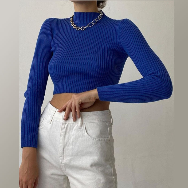 Long Sleeve High Collar High Waist Knitted Sweater Top