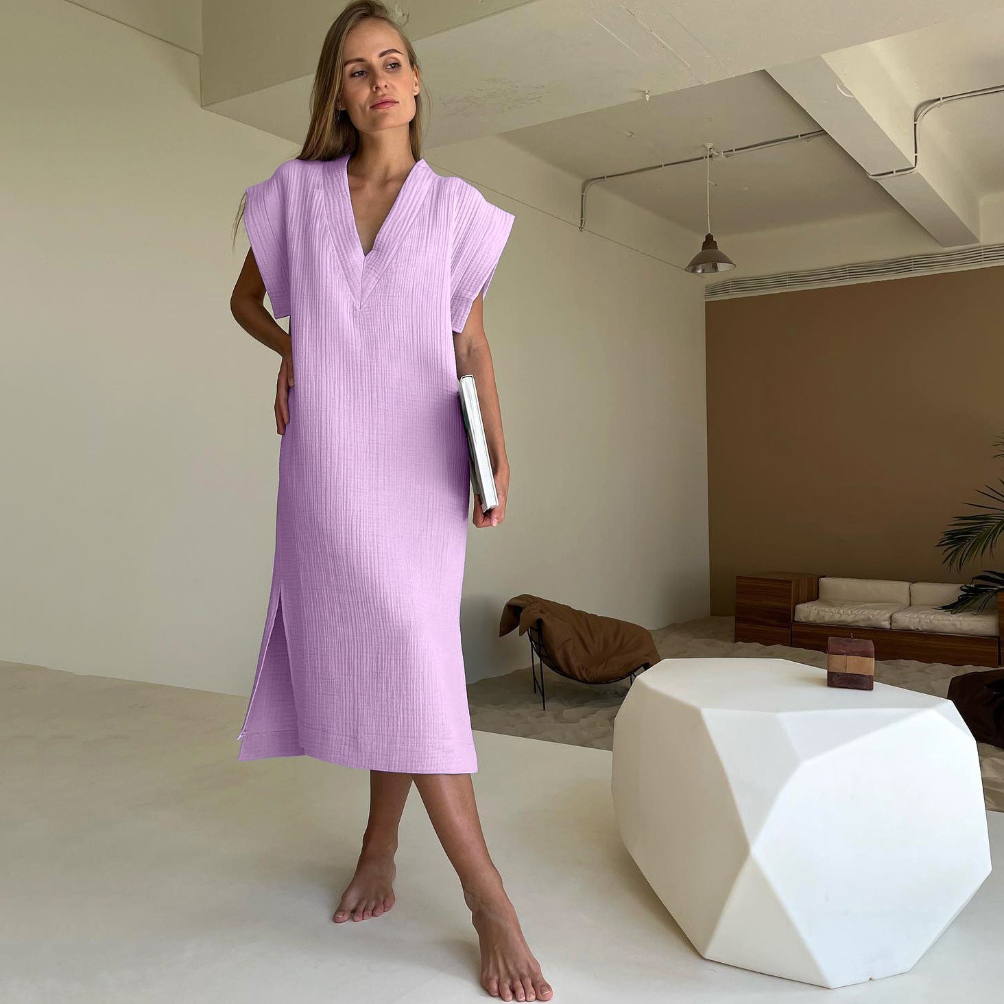 Chemise de nuit décontractée en coton sans manches, pyjama une pièce fendu pour l'extérieur, chemise de nuit pour la maison