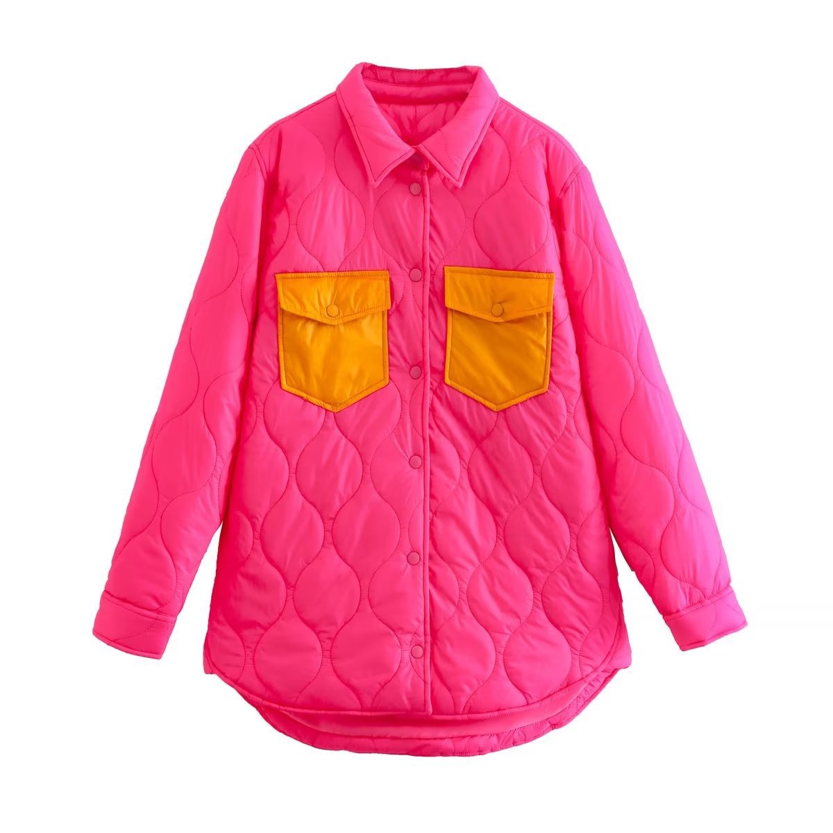 Loose Contrast Color Quilted Shirt Cotton Coat Jacket