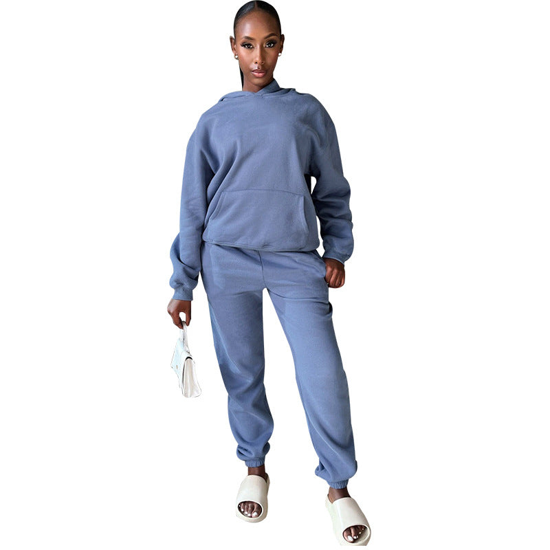 Solid Color Long Sleeve Hooded Fleece Lined Sweater Casual Trousers sets