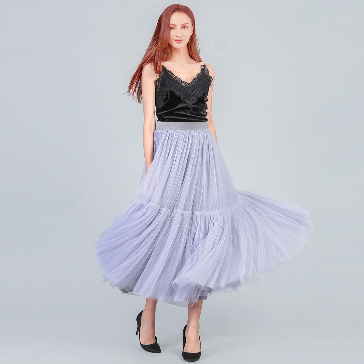 Langes bodenlanges Kleid Übergroßer Swing-Netzrock Patchwork-Maxikleid A-Linie Pettiskirt mit hoher Taille