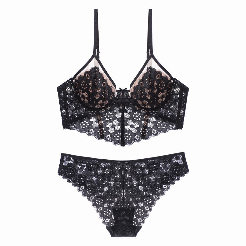 Underwear Thin Cup Braces Vest Bra Push up Crocheted Lace Long Bra Set