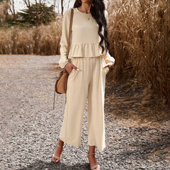 Casual Suit Solid Color Long Sleeved Top Loose Trousers