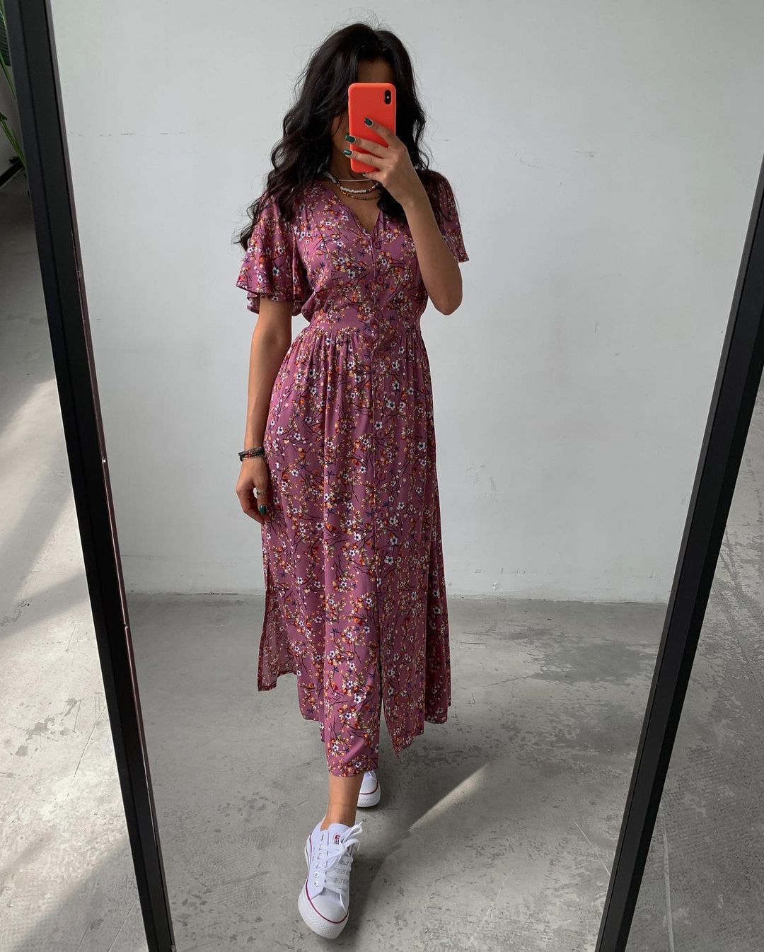 Mid-Sleeve Waist Split Floral Dress