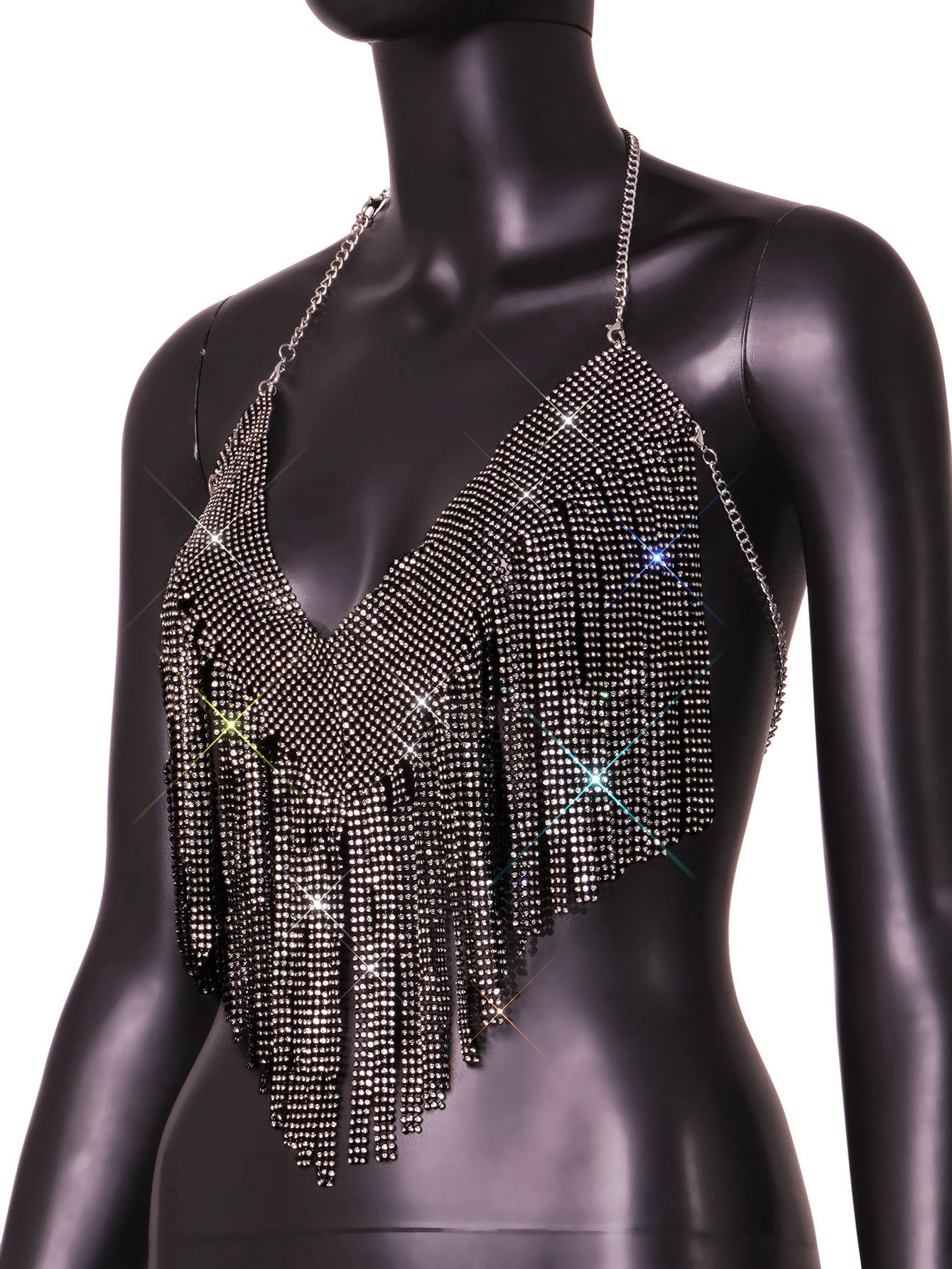 Full Rhinestone Hanky Hem Tassel Exposed Cropped Deep V Plunge Vest Camisole Cropped Outfit Top