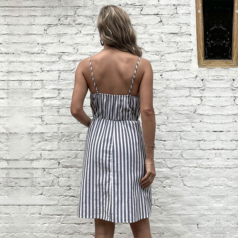 Suspender Gray Striped Cotton Linen Dress