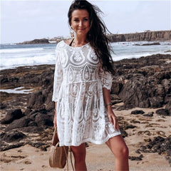 Lace Embroidered Beach Cover-up Seaside Sun Protection Halter Bikini Blouse