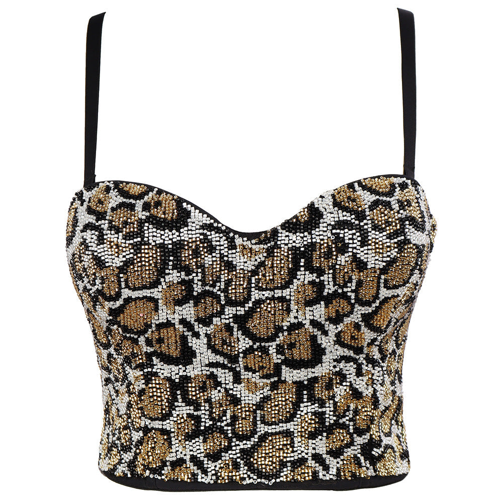 Personalized Slim-Looking Beaded Backless Corset Short Leopard Print Outerwear Camisole Tube Top