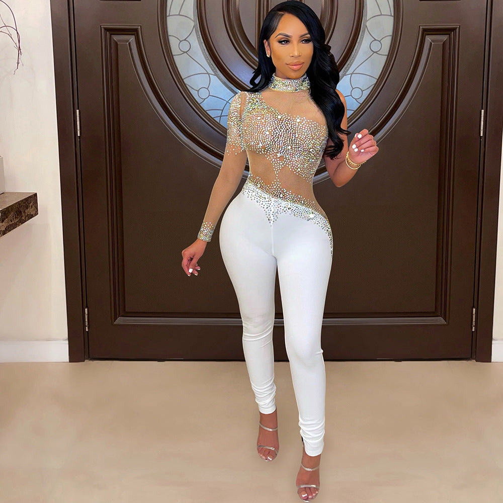 Mesh See-through Rhinestone Long Sleeve Jumpsuit