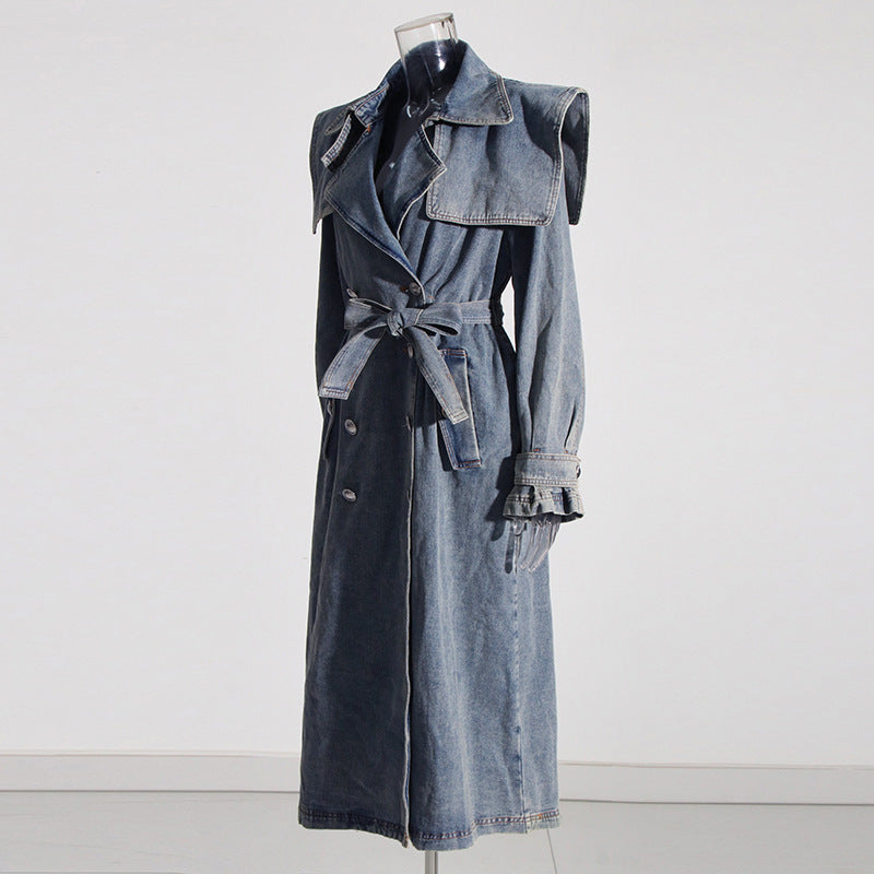 Eleganter Denim-Trenchcoat mit Polokragen und Schnürung