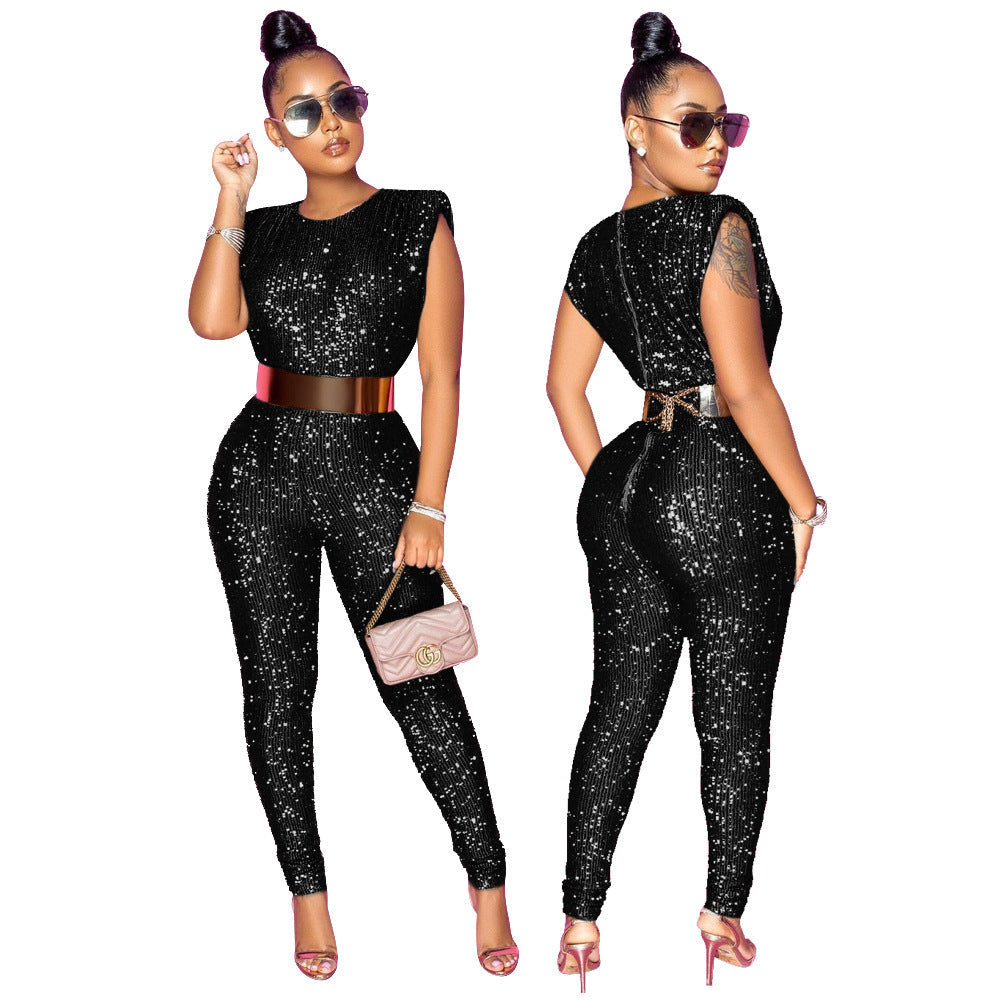 Sequined Sleeveless Slim Fit Bodysuit without Belt