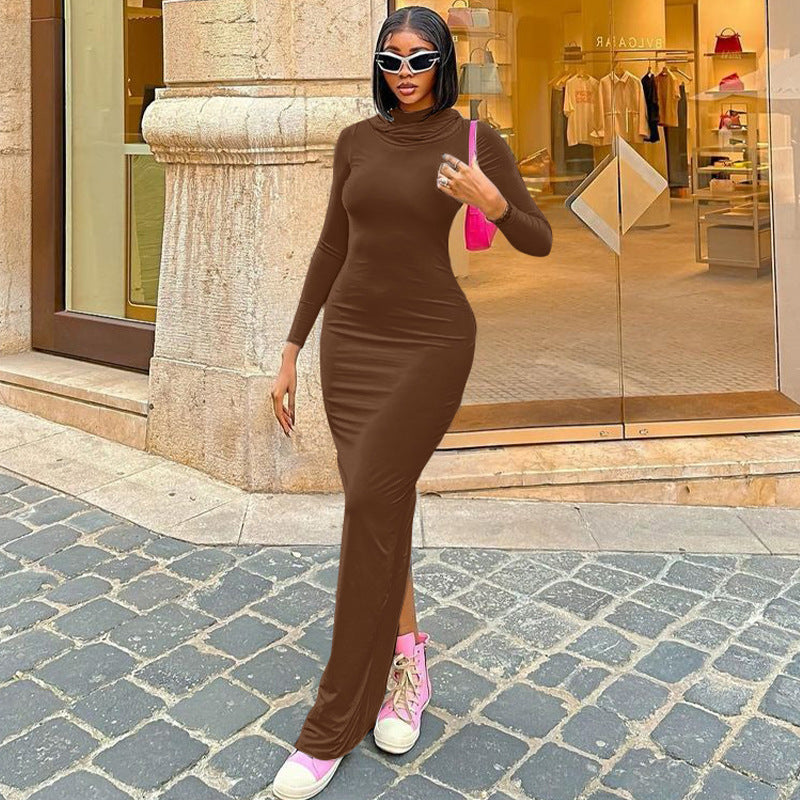 Slim Fit Kleid mit Kapuze und Schlitz hinten in Volltonfarbe