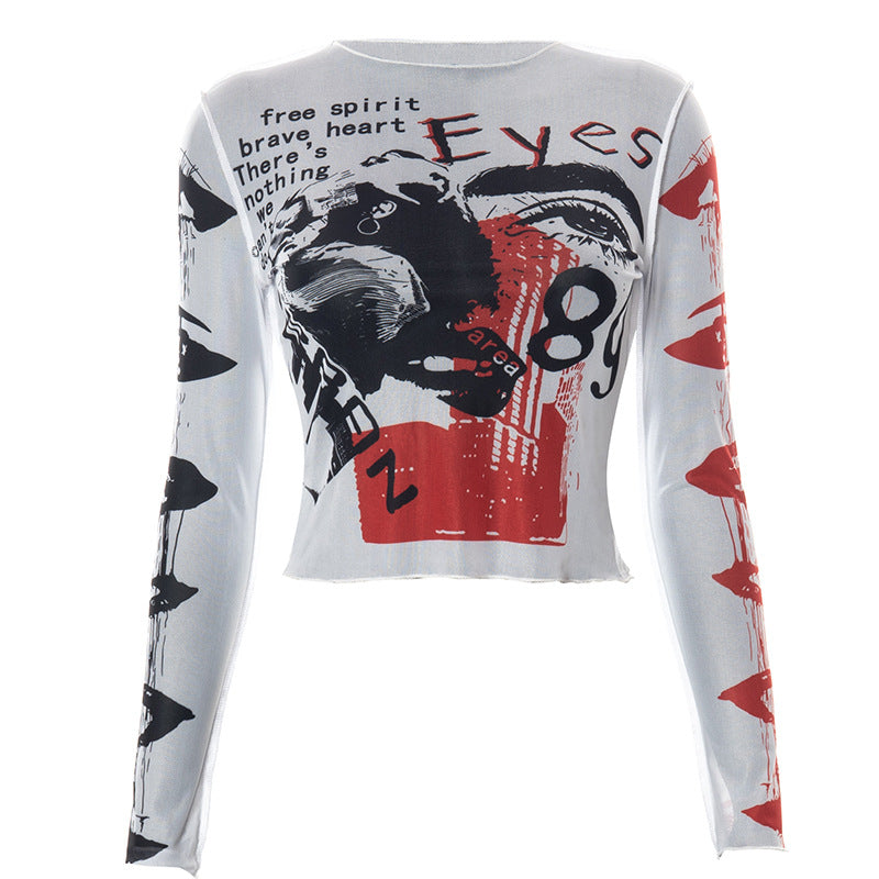 round Neck Pullover Long Sleeve Mesh Printed Cropped Exposed Casual Top