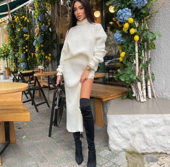 Turtleneck Loose Pullover Top Split Long Skirt Two-Piece Set Winter