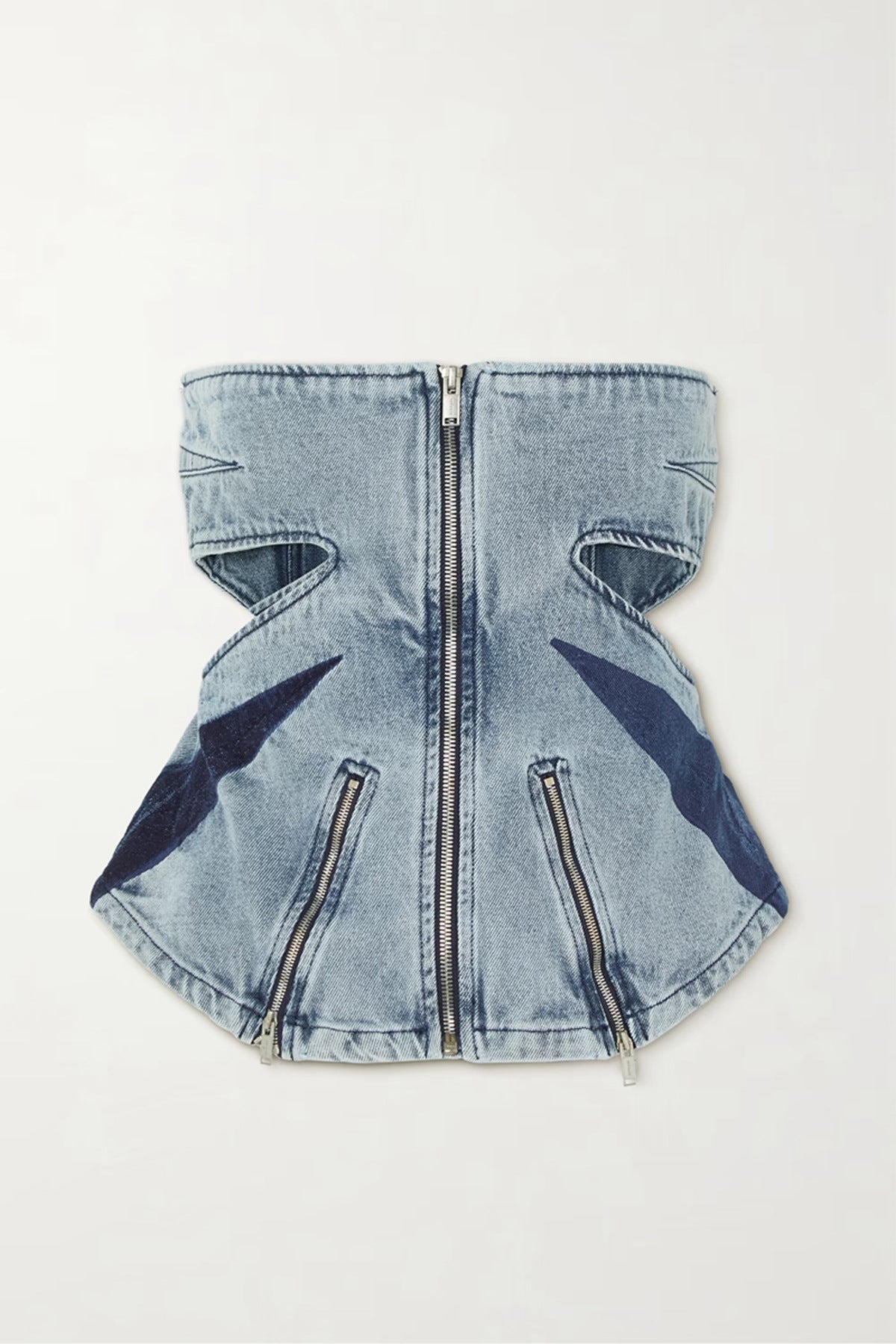 Denim Suit Color Contrast Patchwork Tube Top Three Dimensional Split Double Zipper Stitching Elastic Washed Jeans Two Piece Set