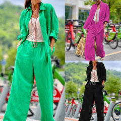 Solid Color Long Sleeve Shirt Trousers Set