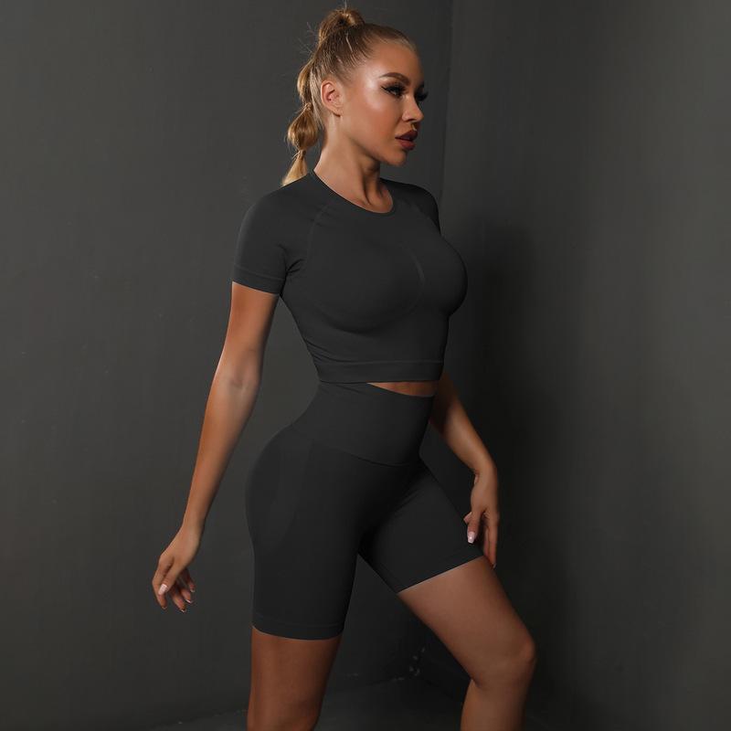 Seamless Peach Hip Solid Color High Elastic Yoga Short Sleeve Shorts Suit Running Sports Fitness Two Piece Suit