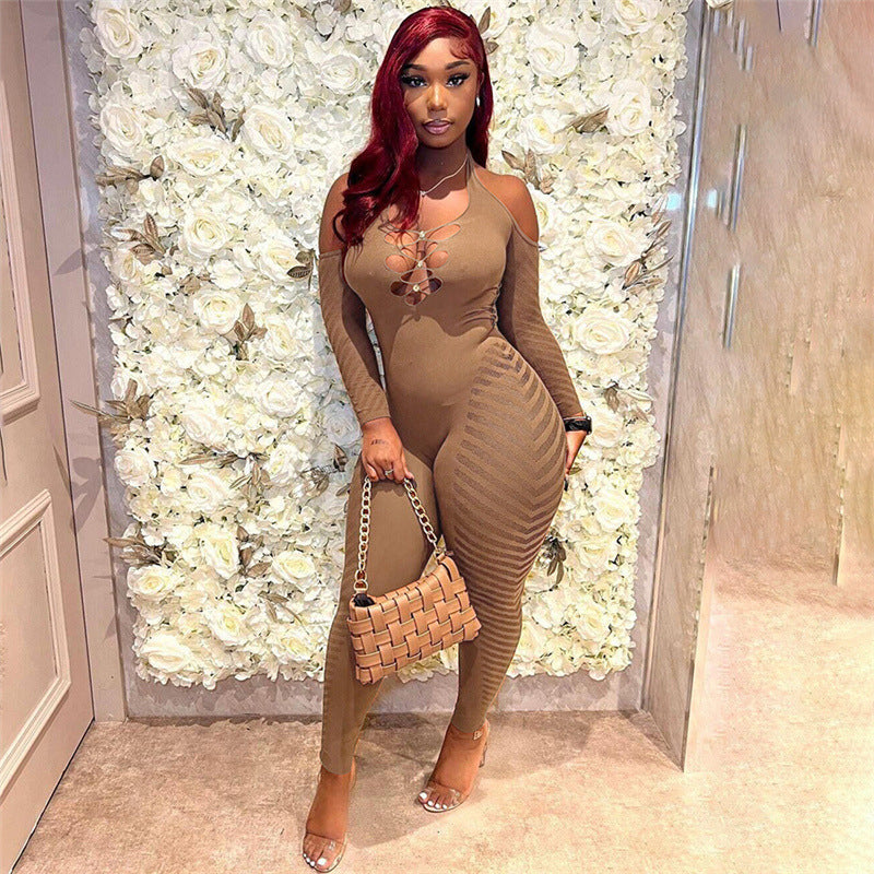 Cutout Knitted Crochet Tight Long Sleeve Jumpsuit