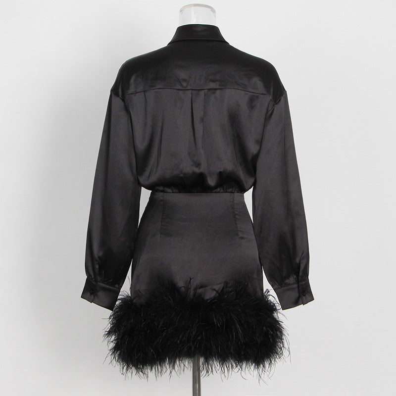 Elegant Socialite Personalized Satin Hip Collared Long Sleeve Solid Color Hem Feather Dress