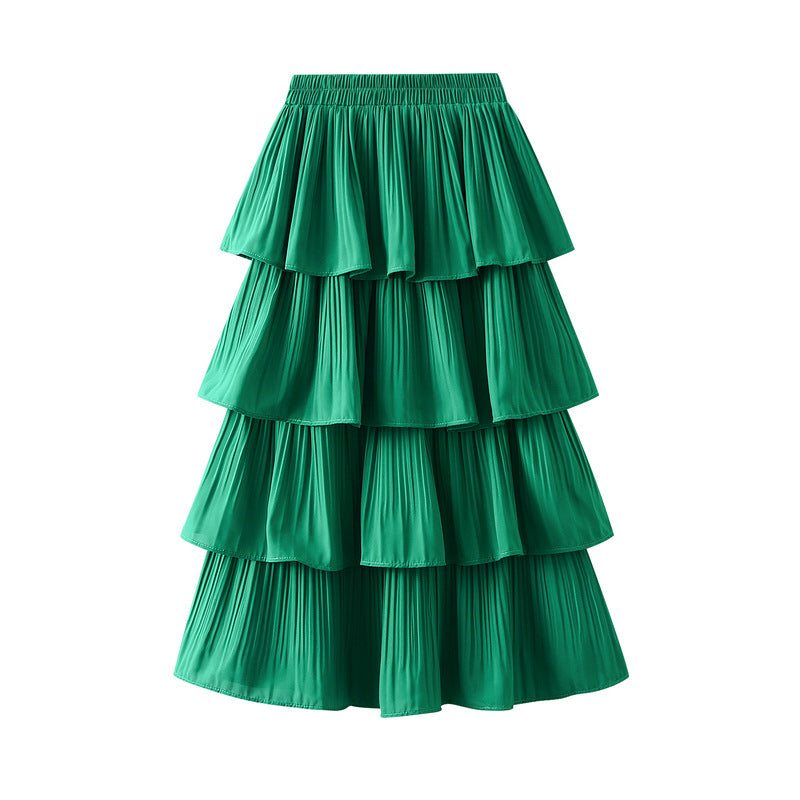 Wooden Ear Stitching Pleated Big Hem Skirt's Mid Length Tiered Dress