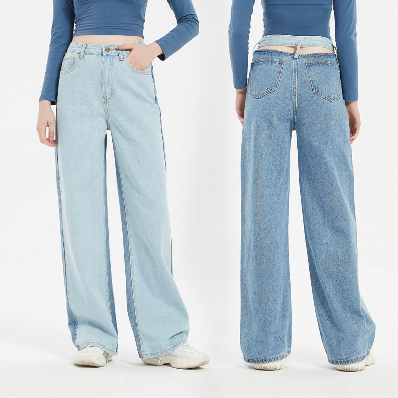 Irregular Asymmetric Color Matching High Waist Straight Pants Casual Slacks