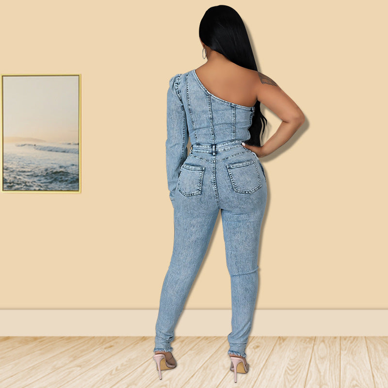 Single Sleeve Off The Shoulder Denim Jumpsuit