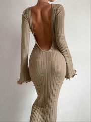 Sheath Ruffled Long Sleeve Knitted Maxi Dress