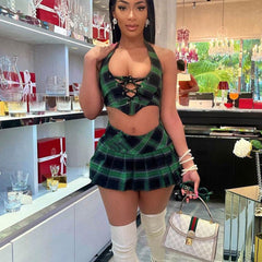 Plaid Wrapped Chest Pleated Miniskirt Two Piece Skirt Set