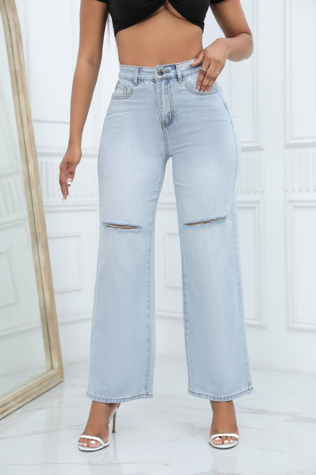 Jean bleu classique déchiré délavé coupe droite pantalon en denim