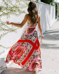 Neckholder-Maxikleid mit exotischem Druck und hoher Taille, ärmellos, Bürokleid