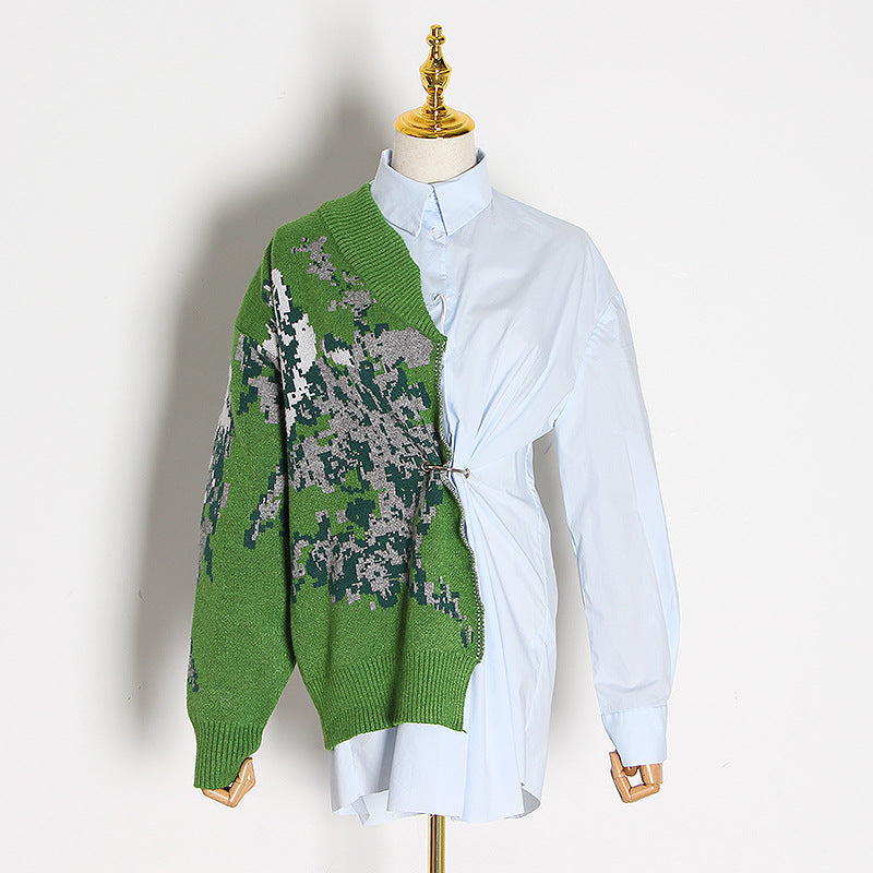 Retro Lazy Fall Lapels Long Sleeve Straight Multiple Wear Knitted Shirt Stitching Sweater