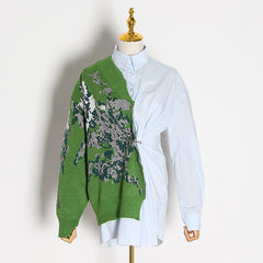 Retro Lazy Fall Lapels Long Sleeve Straight Multiple Wear Knitted Shirt Stitching Sweater